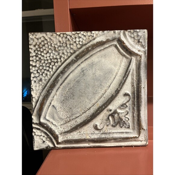 Antique Vtg Ceiling Metal Tin Tile Gray Wood Backing Wall Decoration 12 x 12 - Picture 1 of 4